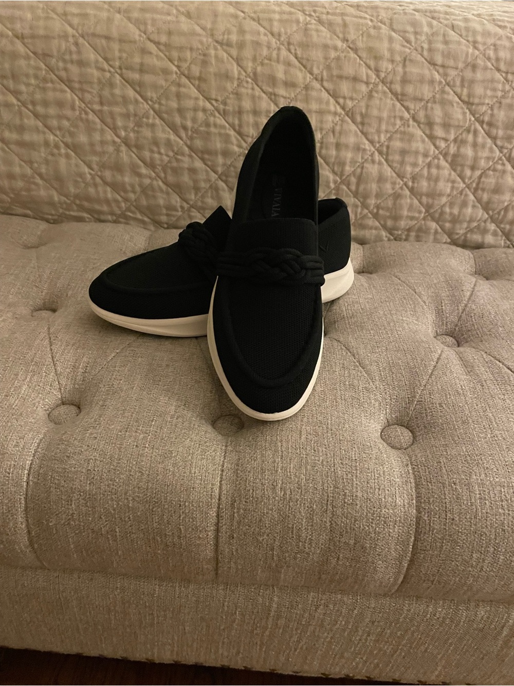 Woven Trim Black Slip-On Loafers with White Sole